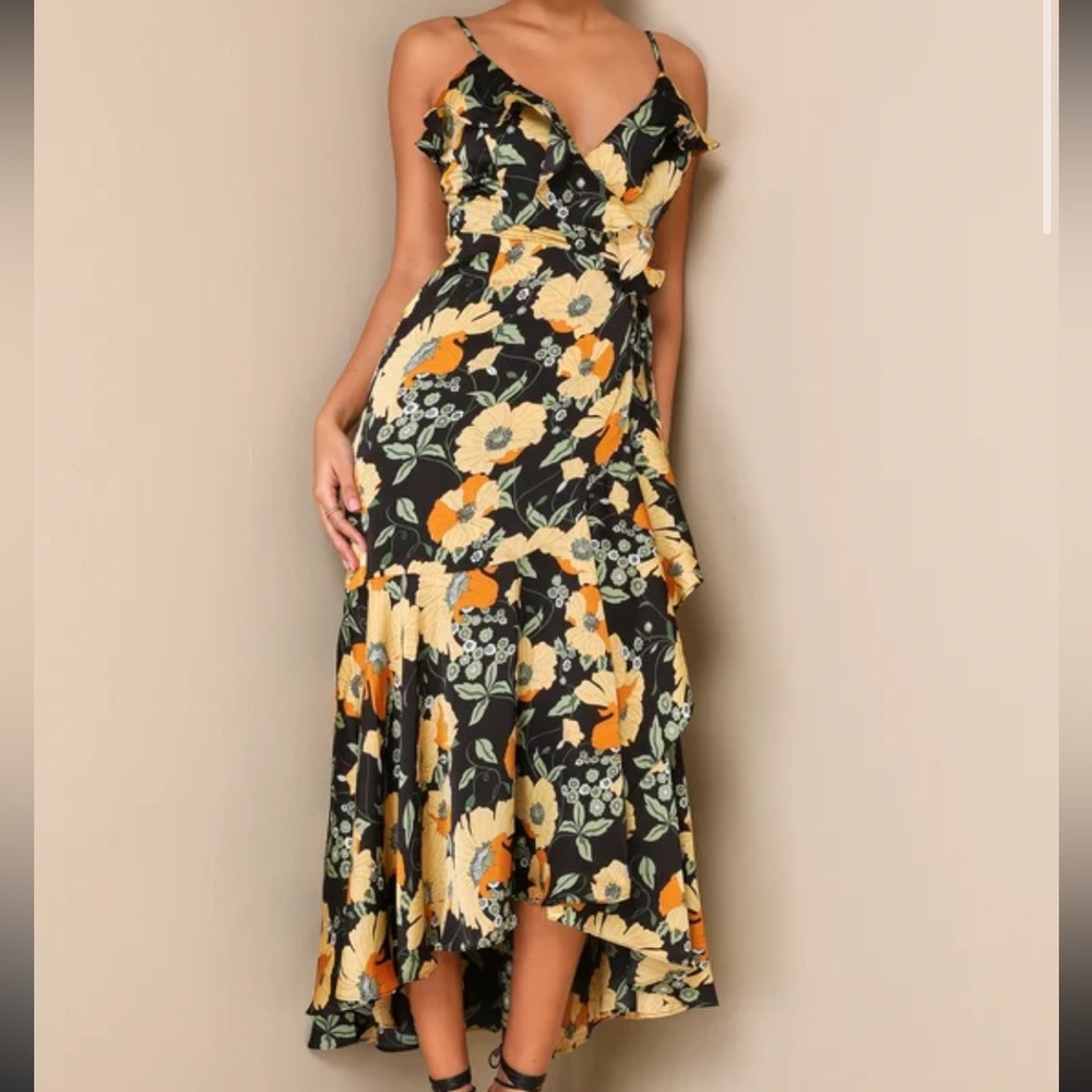 Lulu's Floral Black Ruffled High-Low Wrap Dress